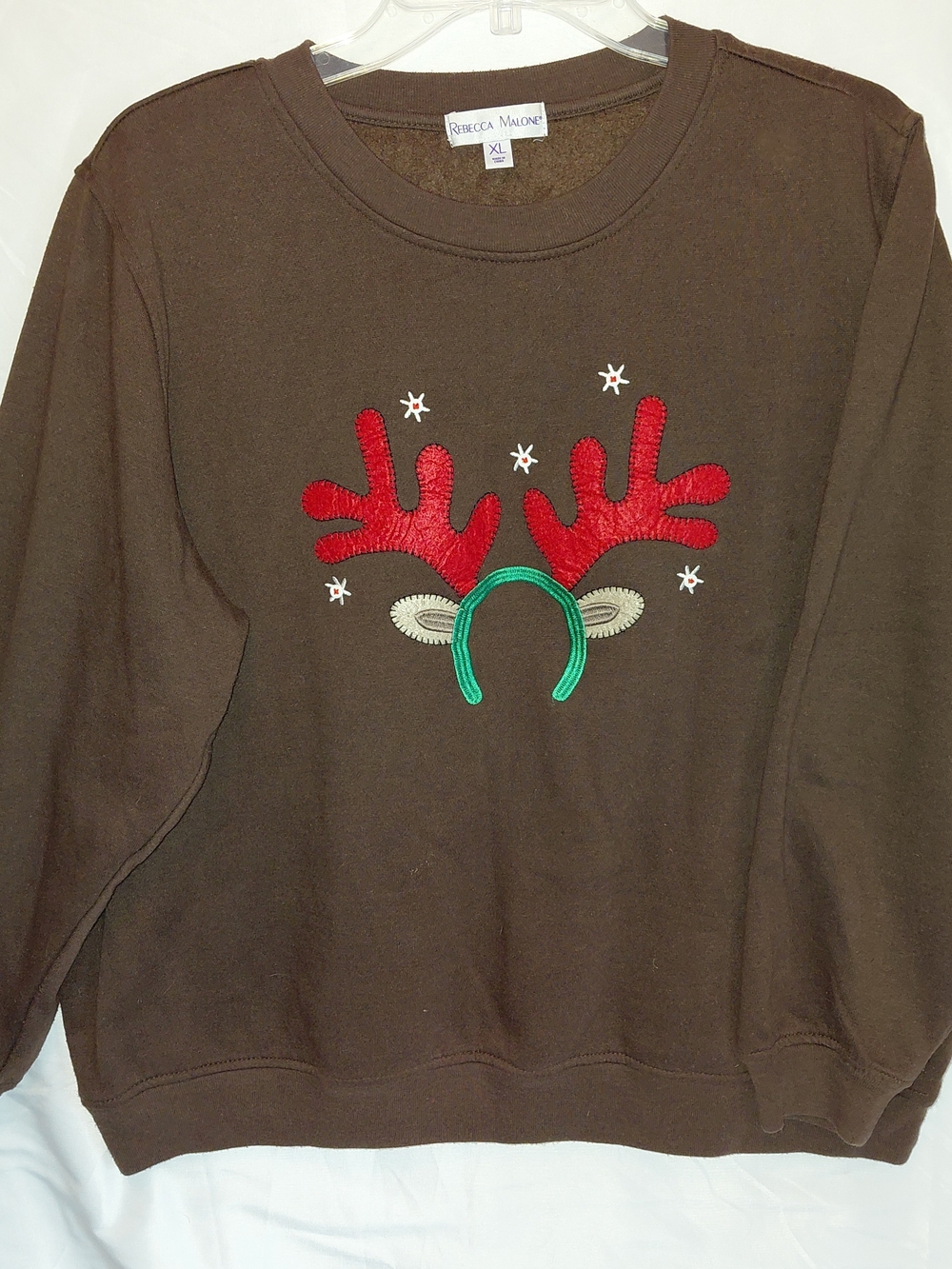 Rebecca Malone Brown Sweatshirt with Red Antler & Green Headband Embroidery